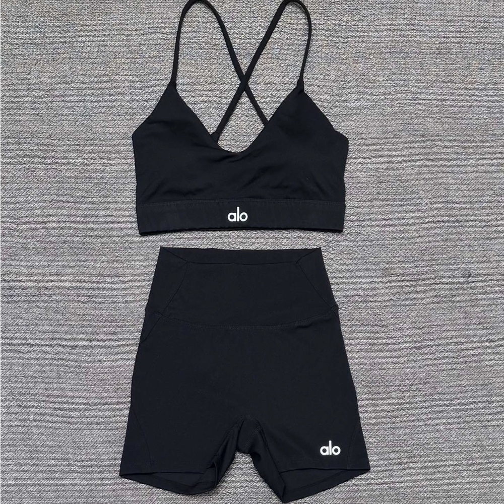 Alo Black Crisscross Sports Bra & High Waist Shorts Set